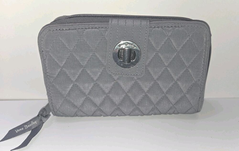 Vera Bradley Gray Solid Zip-Around Wallet Wrist Strap ID Window Coin Pocket - Picture 1 of 14